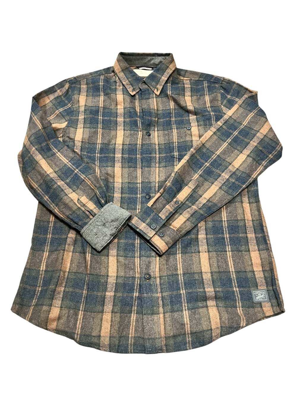 Weatherproof Vintage Men's Blue Brown Plaid Long Sleeve Button-Down Flannel